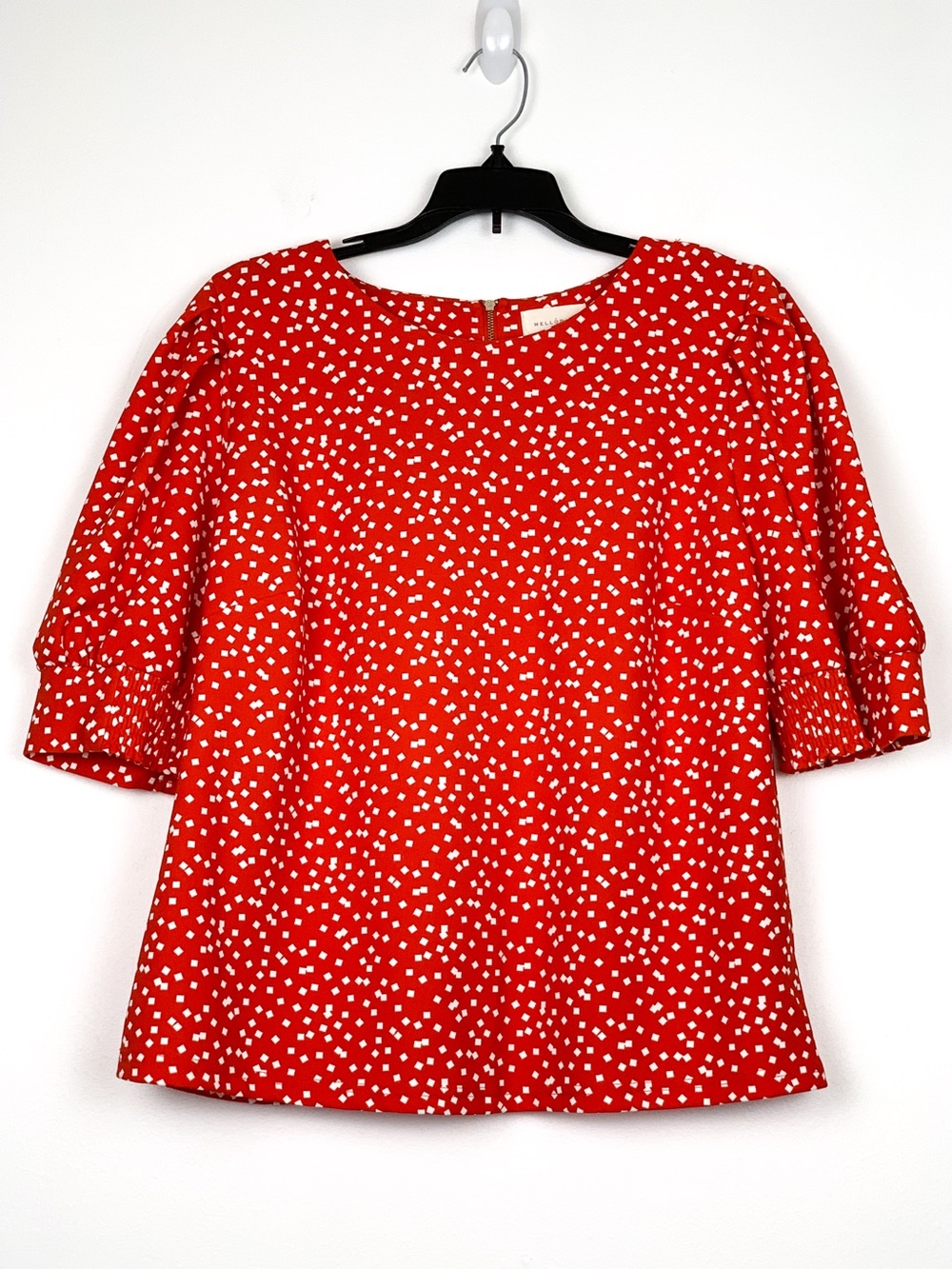 Melloday puff sleeve top red and white geometric print blouse size extra large